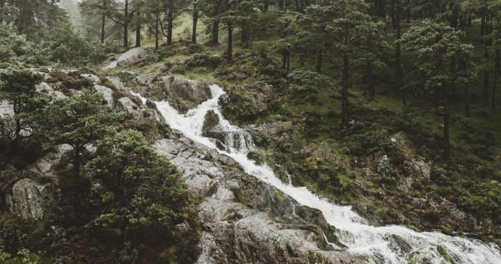 waterfall on green hills with woods